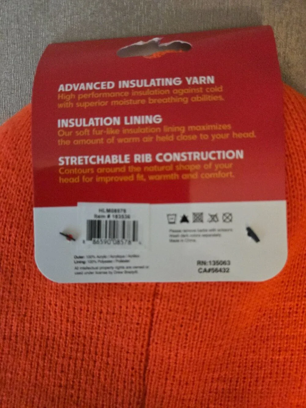 Heat Lockers Thermal Beanie Hat Orange Unisex M/L Fleece Lined Winter Cap
